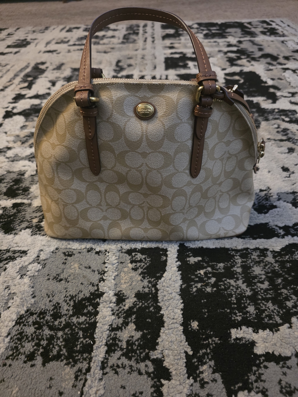Coach Signature Dome Satchel in Beige with Brown Leather Trim